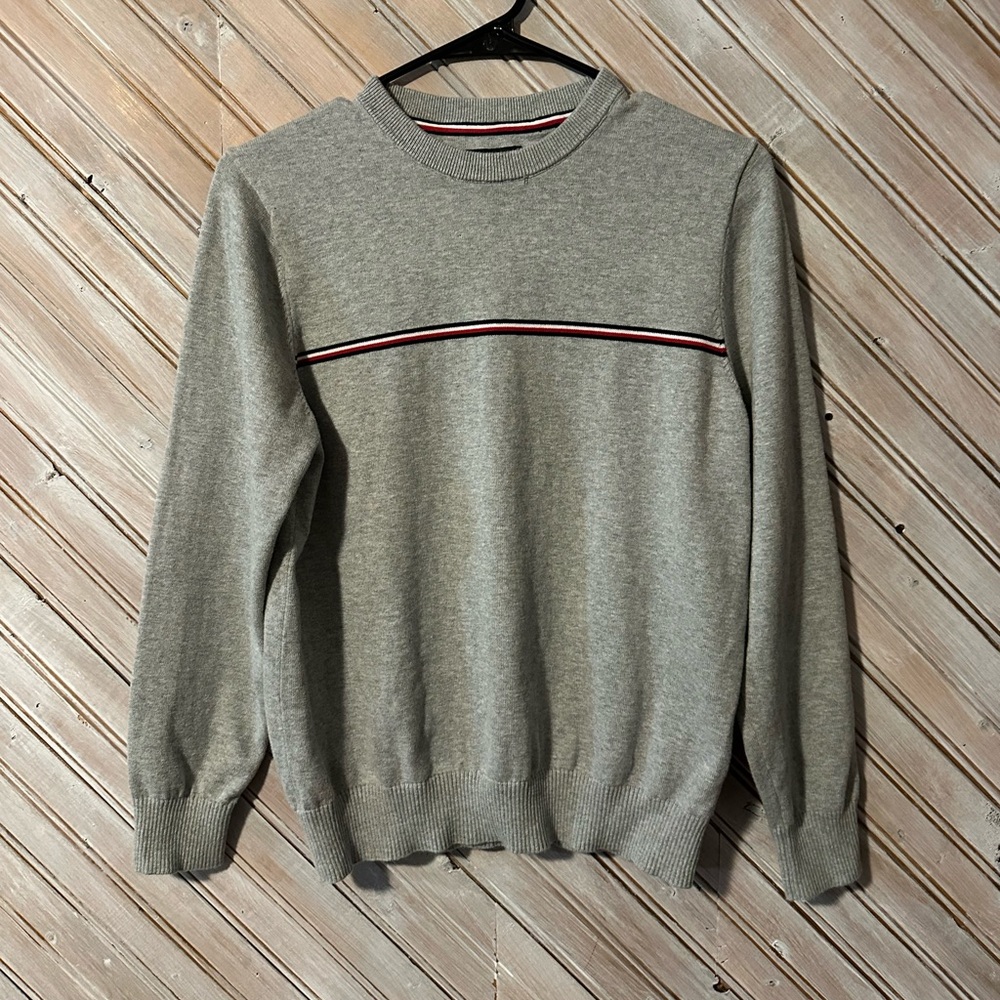 Tommy Hilfiger Light Gray Crewneck Knit Stripped Pullover Sweater Preppy